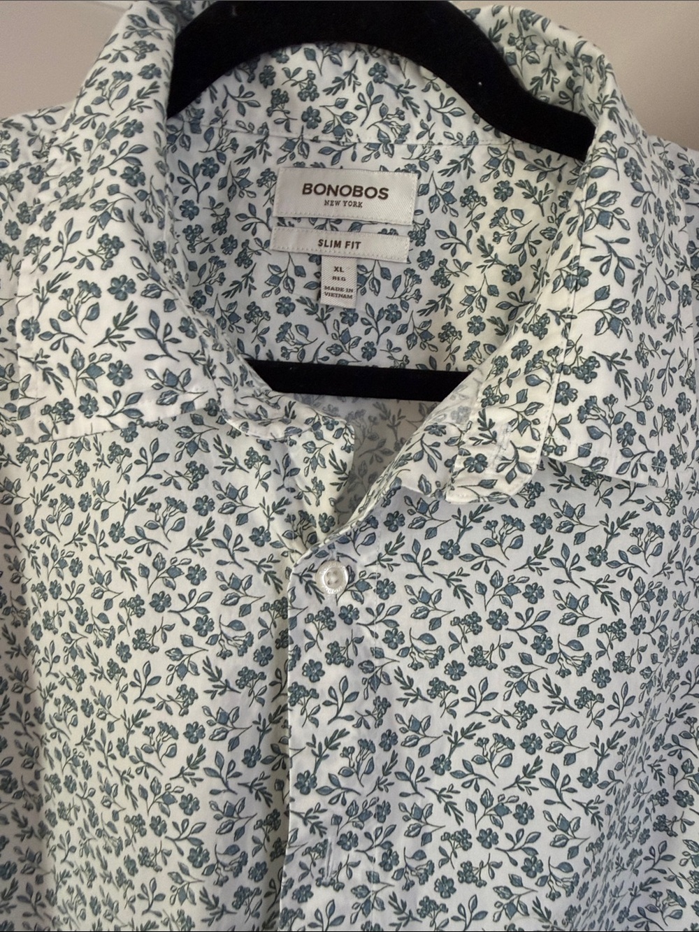 Bonobos cotton White Short-Sleeve Button-Down with Green Floral Print XL